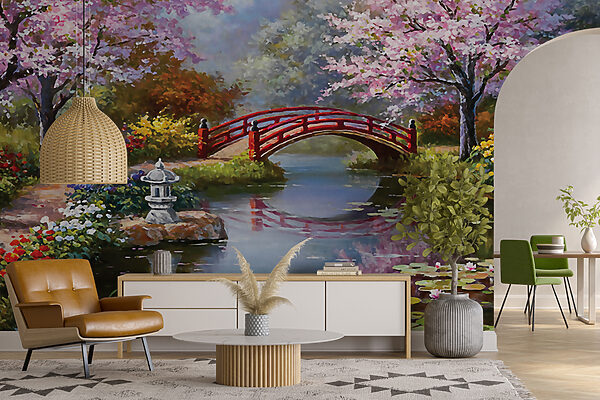 Painting of a pond with a bridge and flowers Painting of a pond with a bridge and flowers