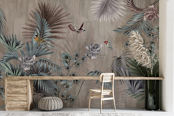 Behang met vogels en bloemen Behang met vogels en bloemen