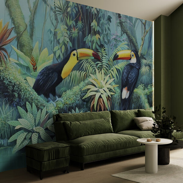 Schilderij van vogels in een bos Schilderij van vogels in een bos