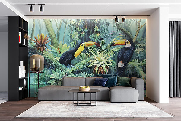 Schilderij van vogels in een bos Schilderij van vogels in een bos