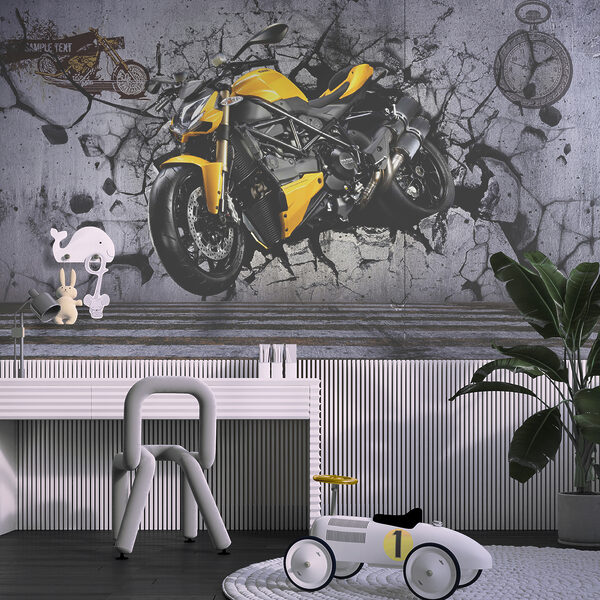 Gele motorfiets op een muur u37780pir10ms 600x600 - Gele motorfiets op een muur