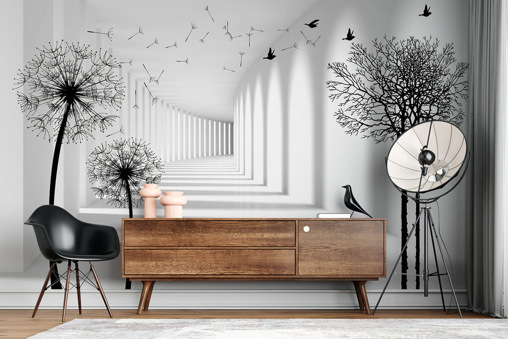 White room with trees and birds flying White room with trees and birds flying