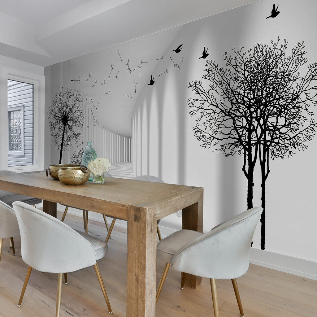 White room with trees and birds flying White room with trees and birds flying
