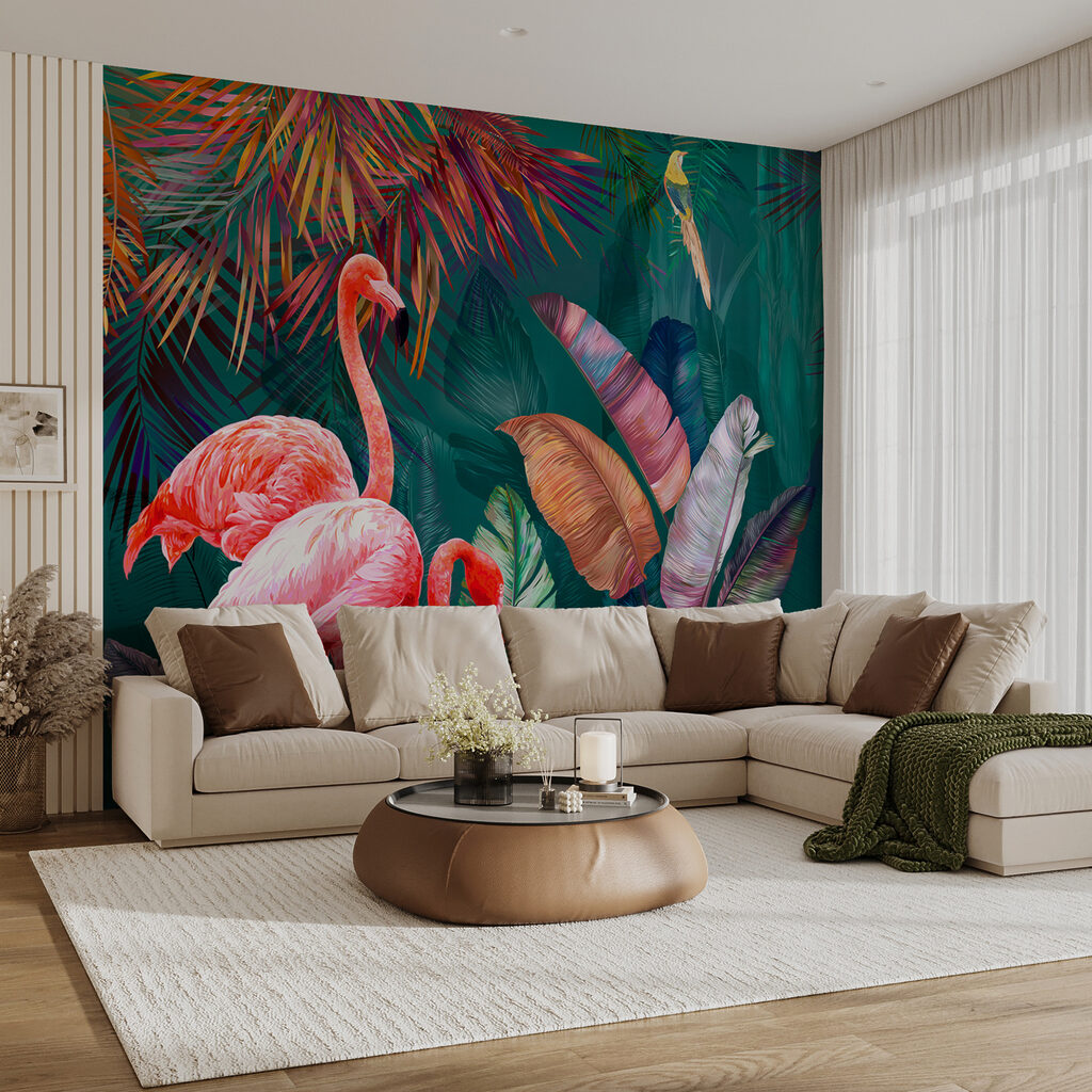 Flamingos and colorful leaves Flamingos and colorful leaves