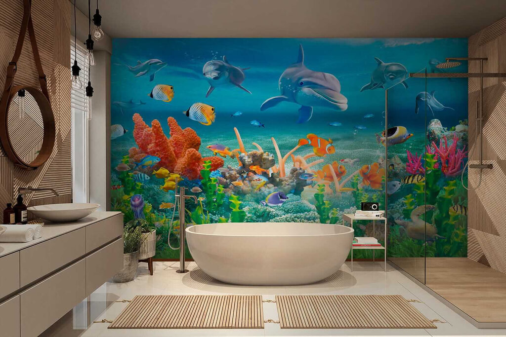 Group of fish and dolphins swimming in the ocean Group of fish and dolphins swimming in the ocean