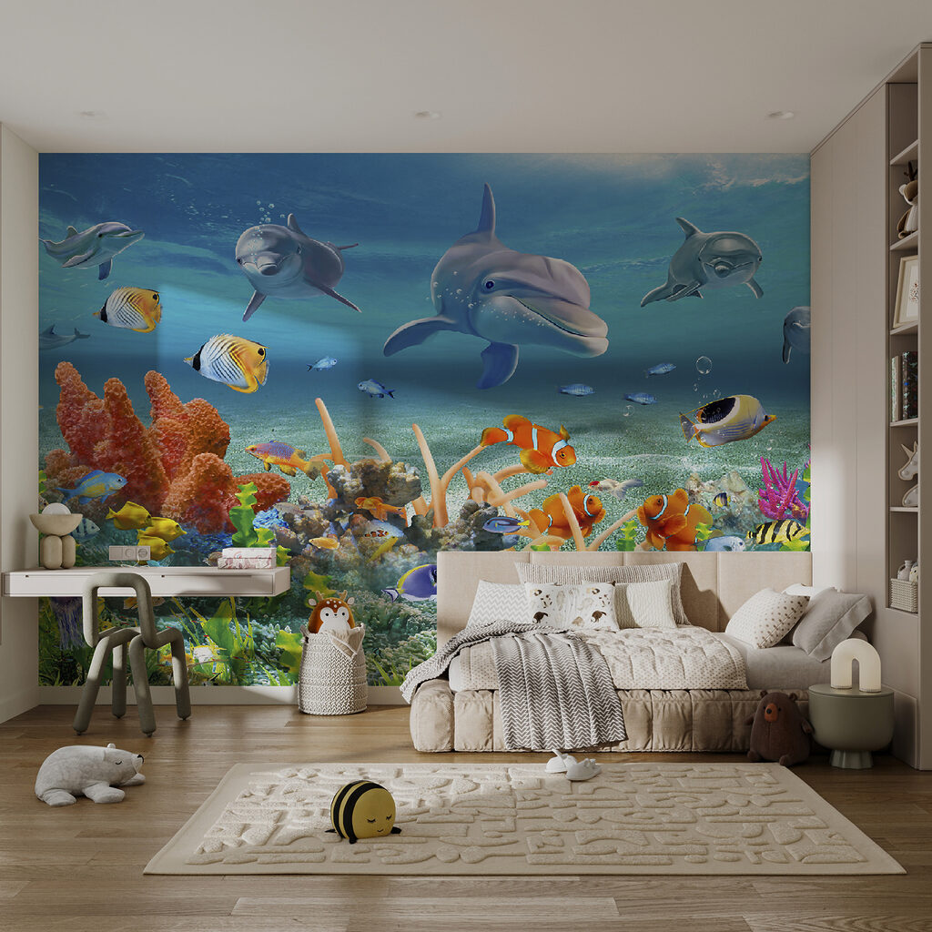 Group of fish and dolphins swimming in the ocean Group of fish and dolphins swimming in the ocean