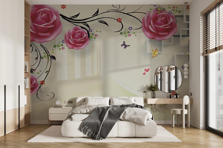 Behang met rozen en vogels