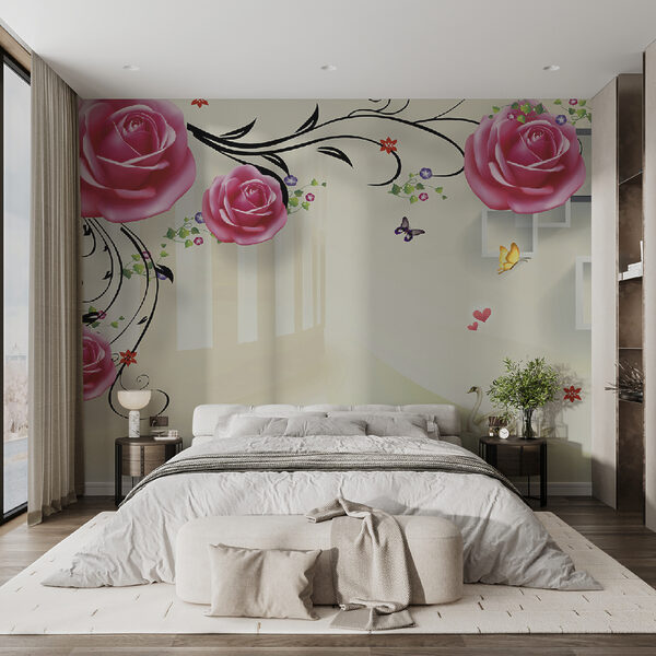 Behang met rozen en vogels Behang met rozen en vogels