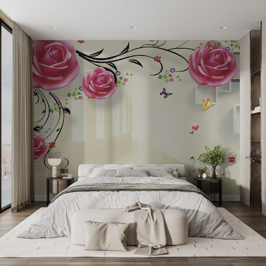 Behang met rozen en vogels