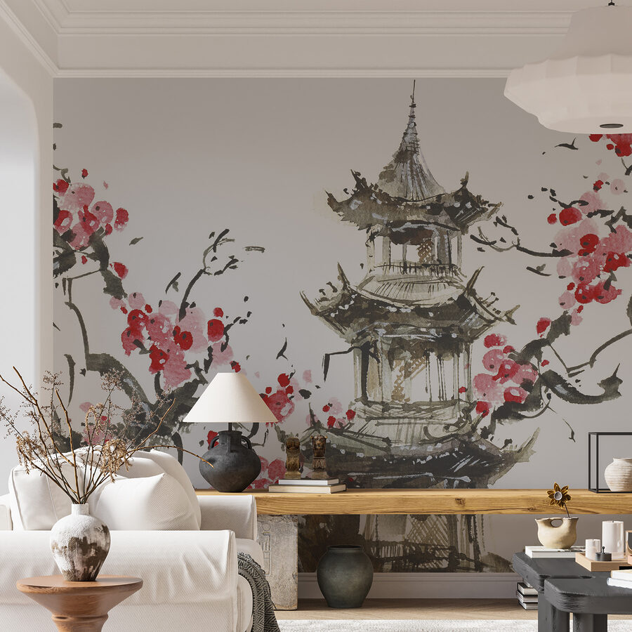 Schilderij van een pagode en kersenbloesems