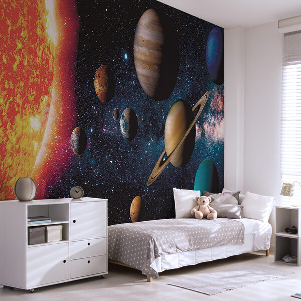 Planeten in de ruimte met sterren en een heldere ster Planeten in de ruimte met sterren en een heldere ster