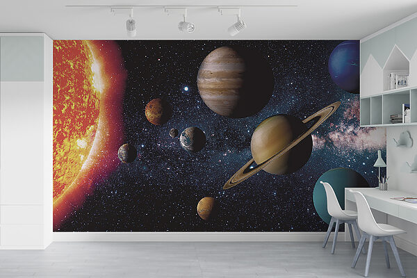 Planeten in de ruimte met sterren en een heldere ster Planeten in de ruimte met sterren en een heldere ster