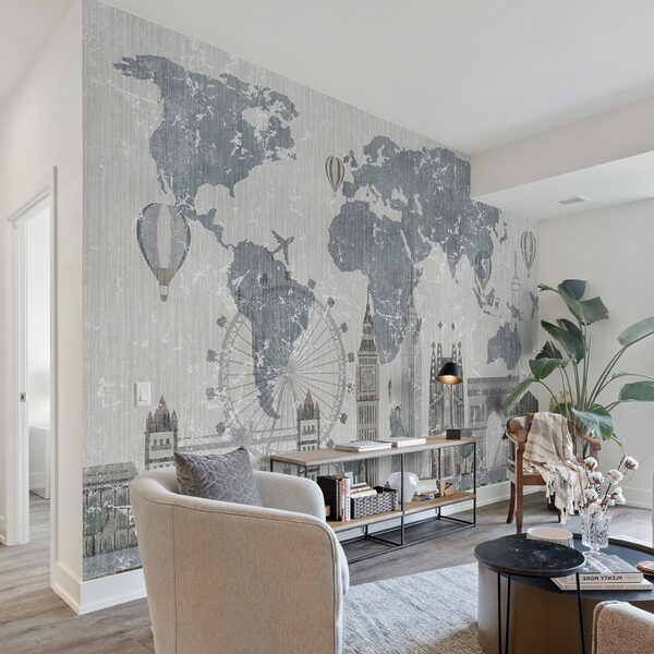 Wereldkaart met gebouwen en een reuzenrad Wereldkaart met gebouwen en een reuzenrad