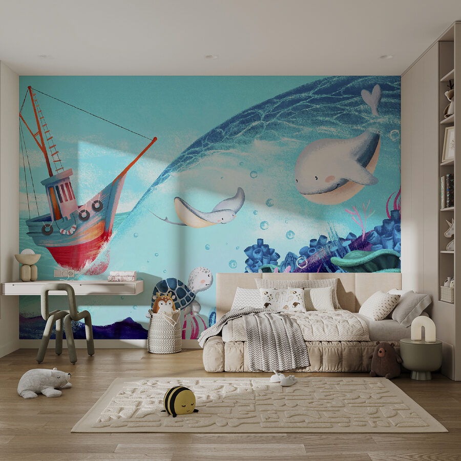 Fotobehang Spotprent van een boot en zeedieren - Afbeelding 4