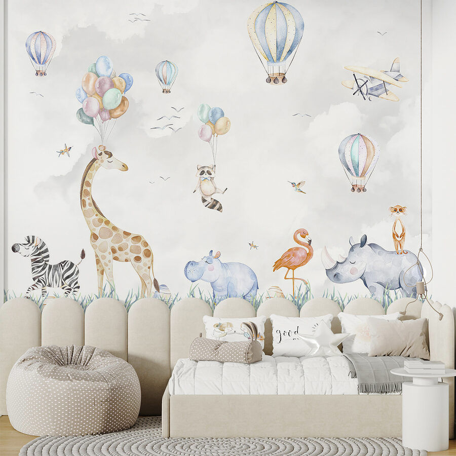 Muurschildering van dieren en ballonnen