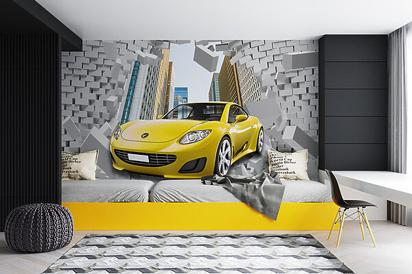 Gele auto in een muur van bakstenen Gele auto in een muur van bakstenen