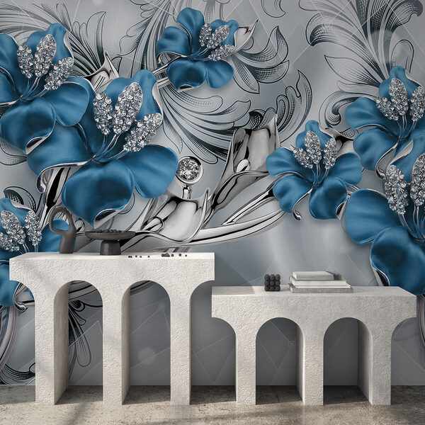 Zilveren en blauwe bloemen op een zilveren en zwarte achtergrond Zilveren en blauwe bloemen op een zilveren en zwarte achtergrond