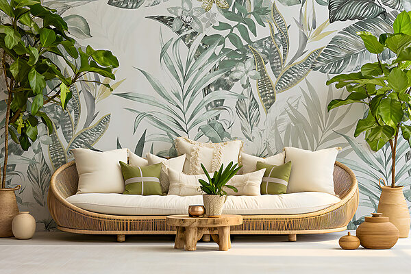 Behang met bladeren en bloemen Behang met bladeren en bloemen