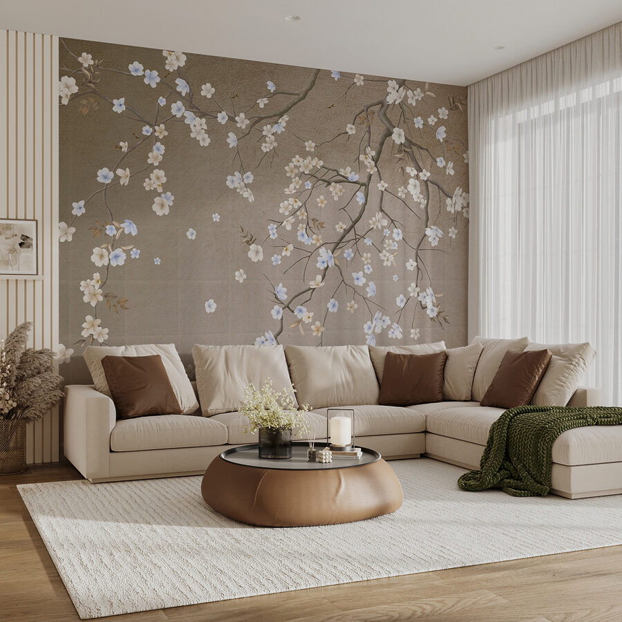 Boomtak met witte en blauwe bloemen Boomtak met witte en blauwe bloemen