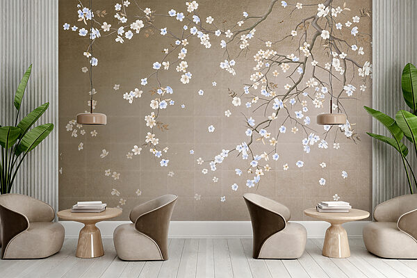 Boomtak met witte en blauwe bloemen Boomtak met witte en blauwe bloemen