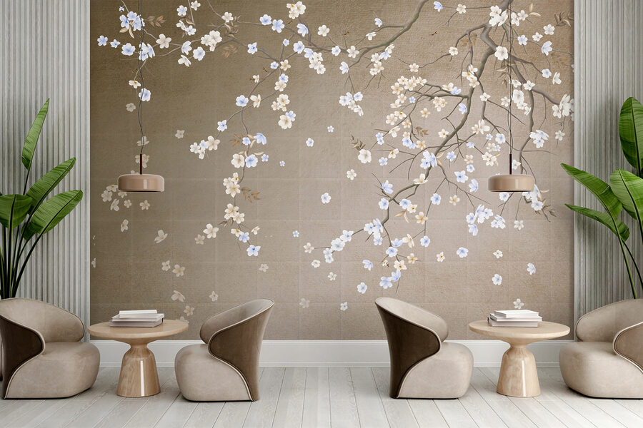 Boomtak met witte en blauwe bloemen Boomtak met witte en blauwe bloemen