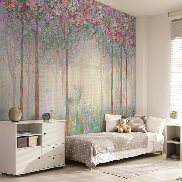 Schilderij van een bos met bomen en bloemen Schilderij van een bos met bomen en bloemen