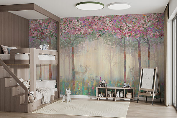 Schilderij van een bos met bomen en bloemen Schilderij van een bos met bomen en bloemen