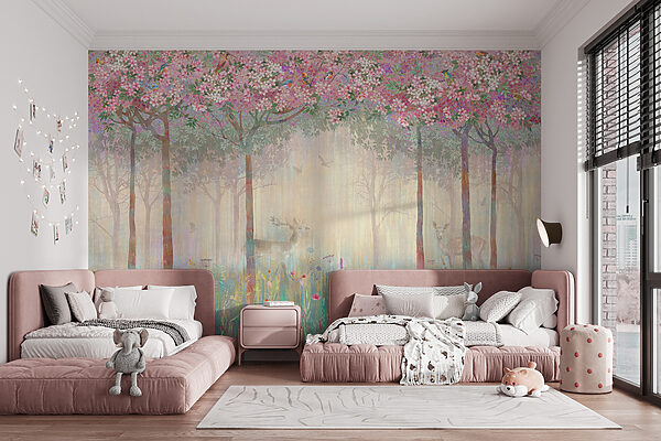 Schilderij van een bos met bomen en bloemen Schilderij van een bos met bomen en bloemen