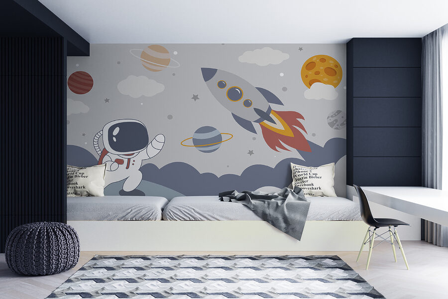Tekening van een astronaut die op een planeet loopt met een raket in de lucht
