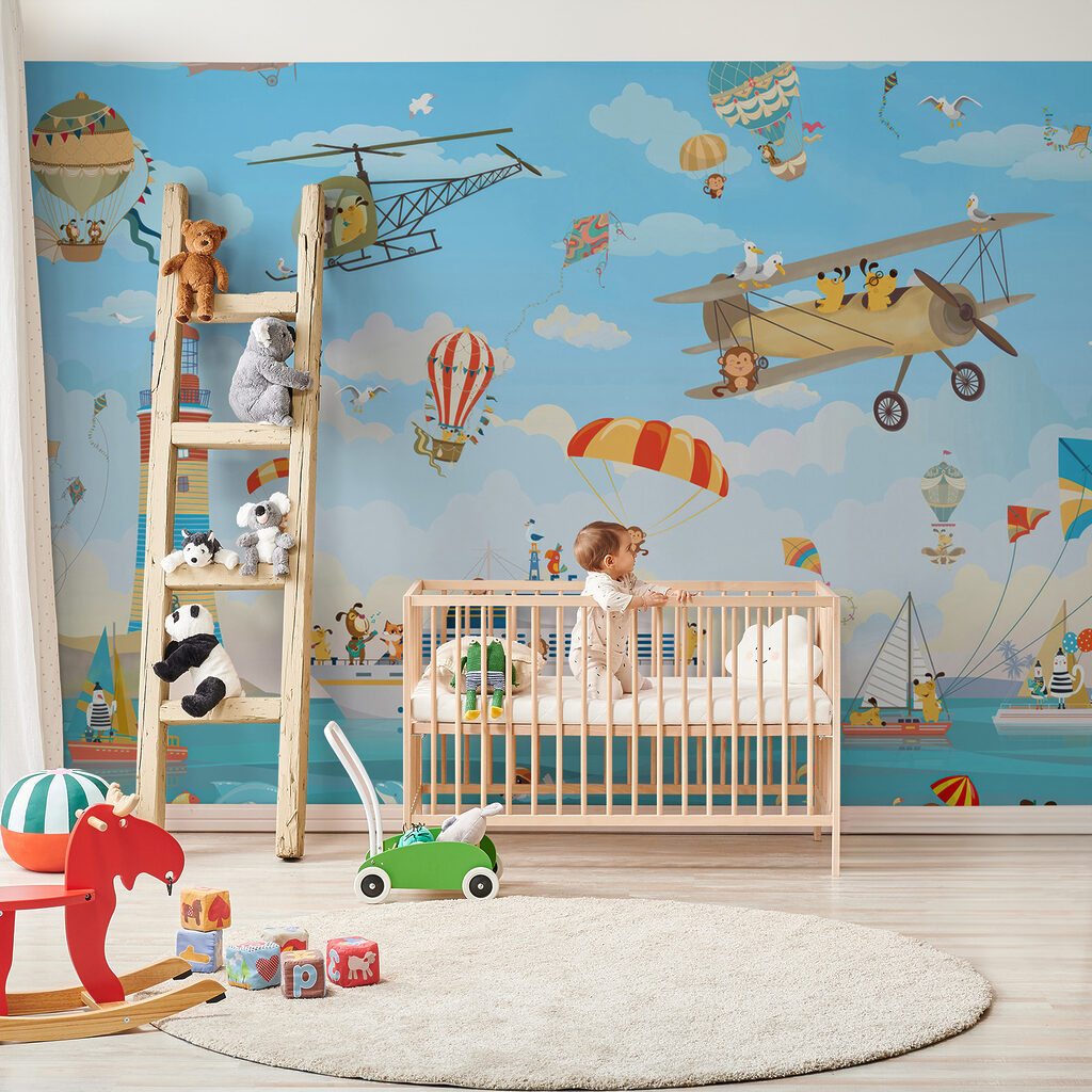 Cartoon animals flying over a boat Cartoon animals flying over a boat