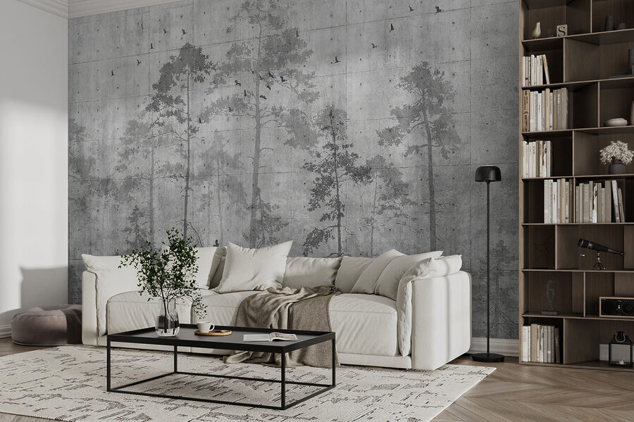 Grijze muur met bomen en vogels