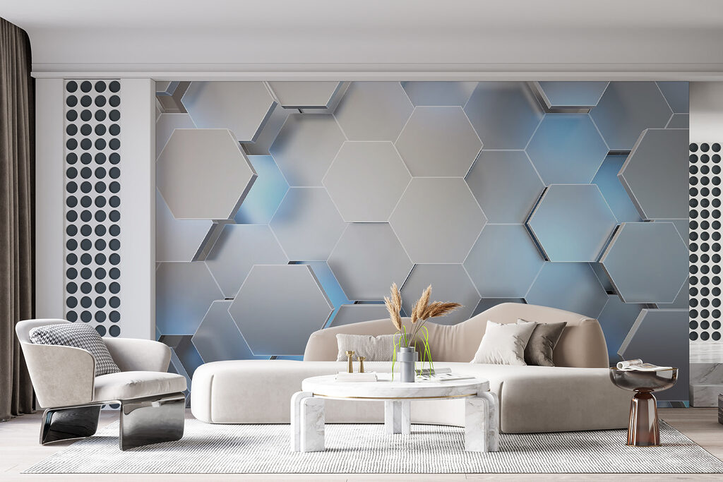 White hexagons with blue lights