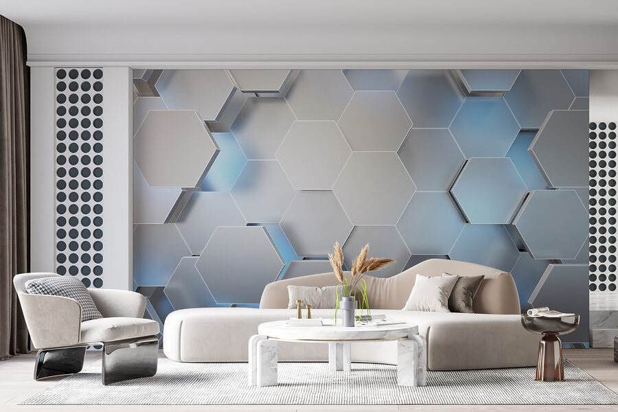 White hexagons with blue lights White hexagons with blue lights