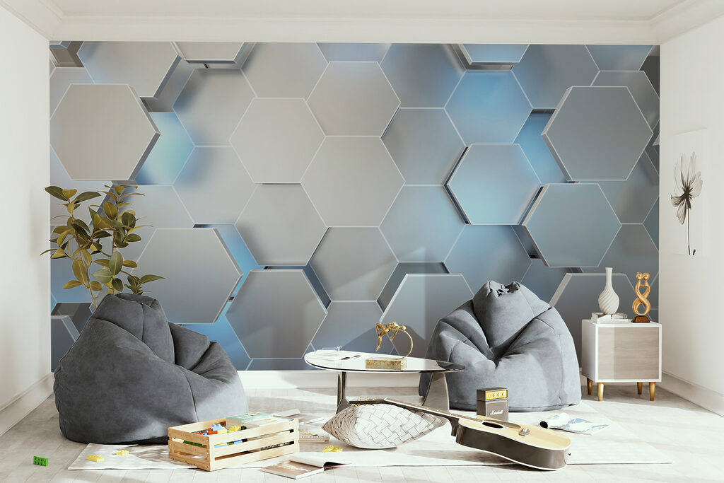 White hexagons with blue lights