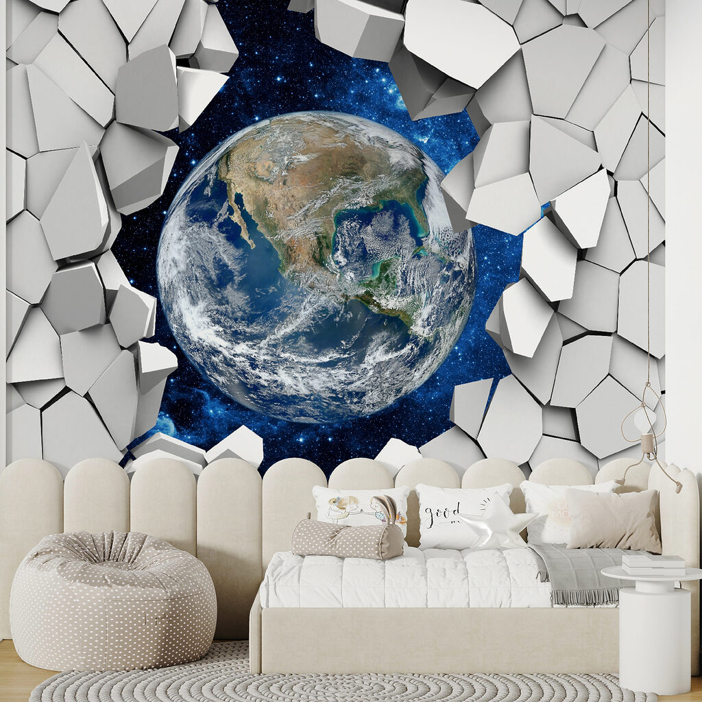 Planet earth breaking through a hole in the wall Planet earth breaking through a hole in the wall