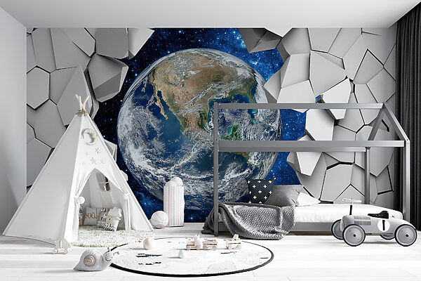 Planeet aarde breekt door een gat in de muur Planeet aarde breekt door een gat in de muur