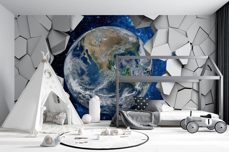 Planeet aarde breekt door een gat in de muur