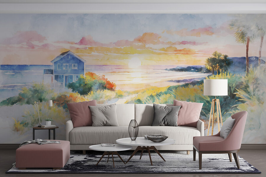 Aquarel van een huis en een strand