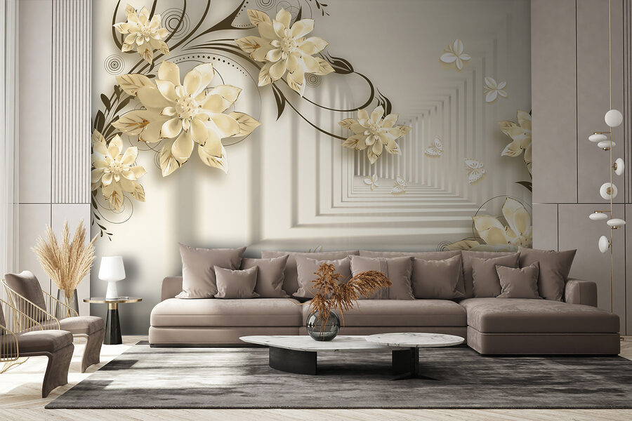 Behang met bloemen en vlinders