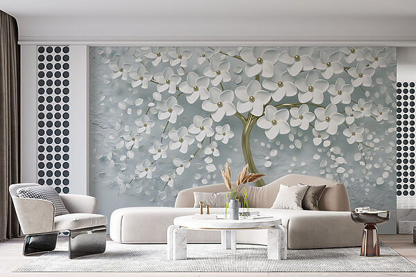 Boom met witte bloemen en bladeren Boom met witte bloemen en bladeren