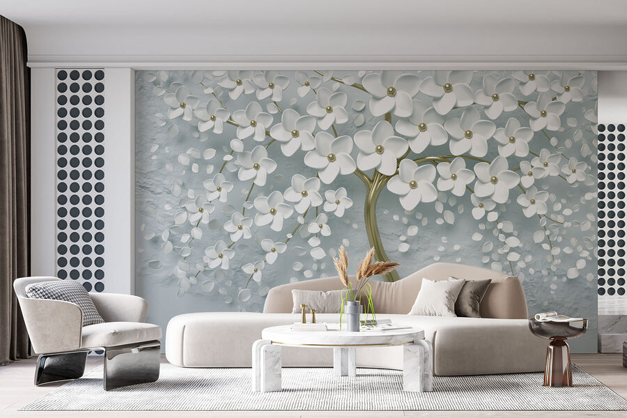 Boom met witte bloemen en bladeren Boom met witte bloemen en bladeren