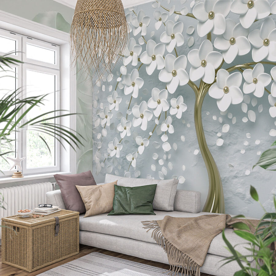 Boom met witte bloemen en bladeren Boom met witte bloemen en bladeren