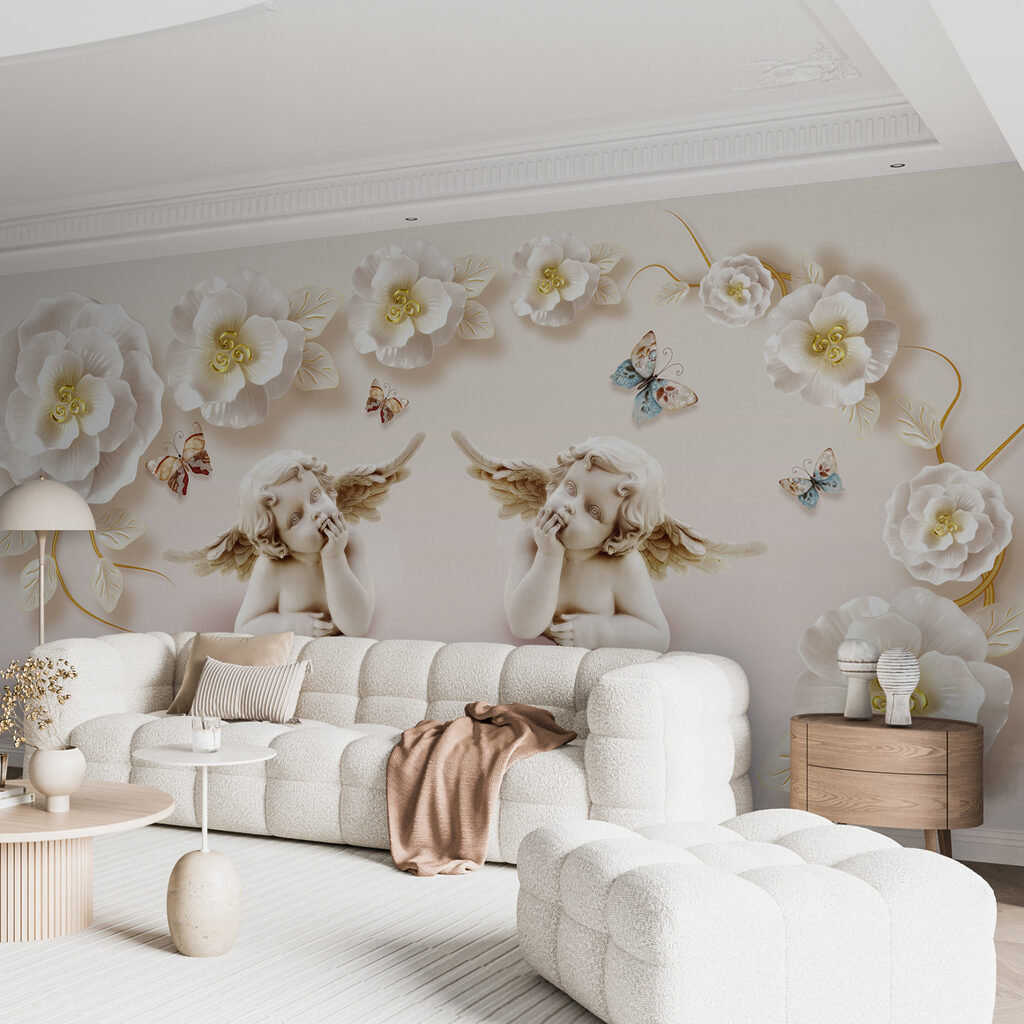 Group of angels with wings and flowers