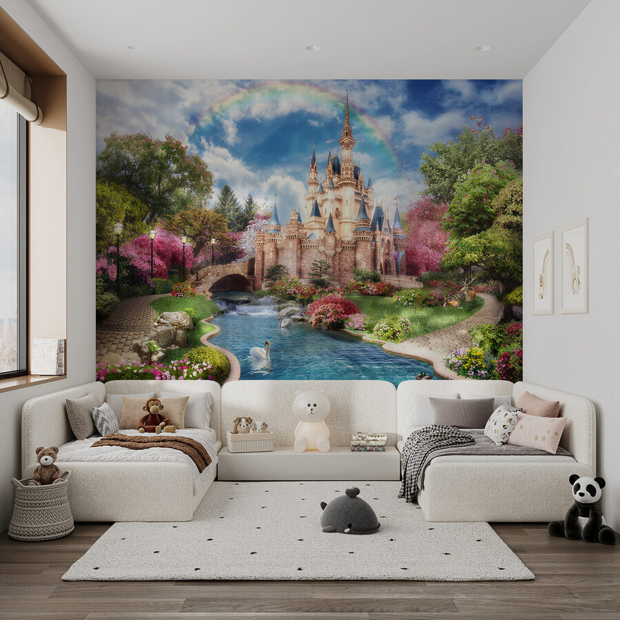 Kasteel met vijver en regenboog