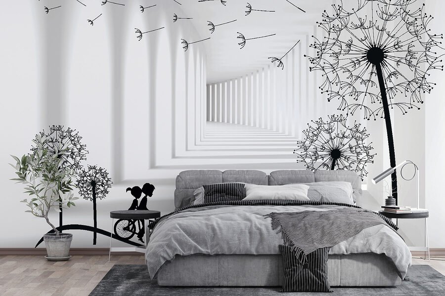 Meisje op de fiets in een kamer met paardenbloemen