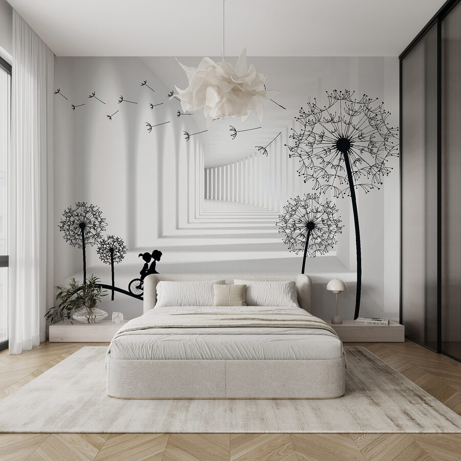 Meisje op de fiets in een kamer met paardenbloemen