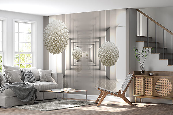 Witte kamer met witte zuilen en witte ballen Witte kamer met witte zuilen en witte ballen