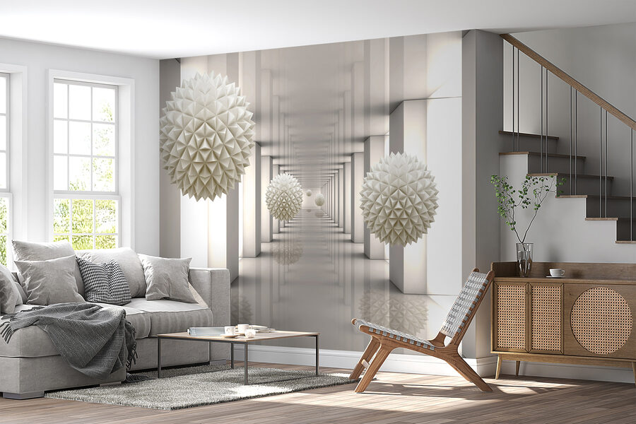 Witte kamer met witte zuilen en witte ballen