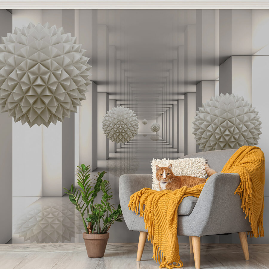 Witte kamer met witte zuilen en witte ballen