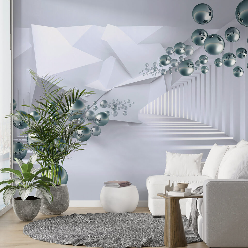 White room with white walls and white columns and silver balls White room with white walls and white columns and silver balls